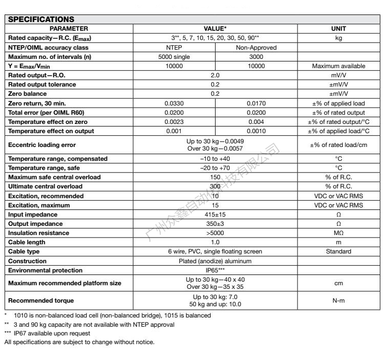 美國特迪亞 1015-90kg稱重傳感器產(chǎn)品技術(shù)參數(shù)